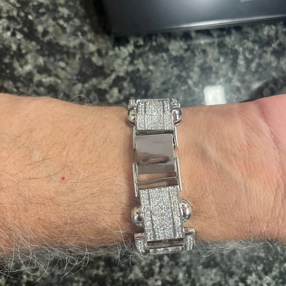 New Men's Rhodium Plated 925 Sterling Silver Chunky CZ Hip Hop Link Bracelet